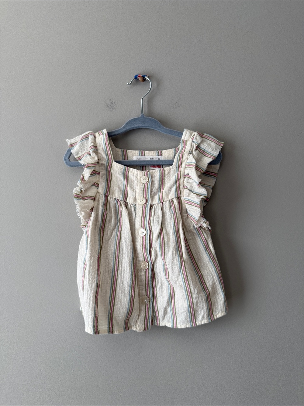 Zara kids baby 9-12 months Cream Striped Ruffle Sleeve Top with Multicolor Lines